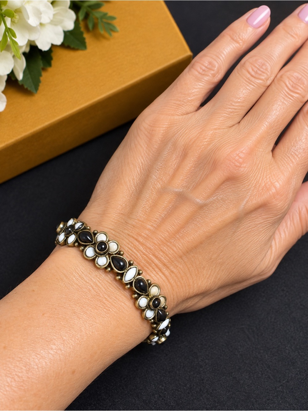 Italian Vintage Gold Tone Floral Bangle Bracelet Black White Cabochon